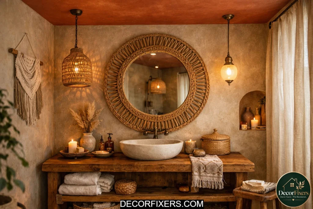 Dusty terracotta painted ceiling creating a warm cocoon-like boho bathroom atmosphere