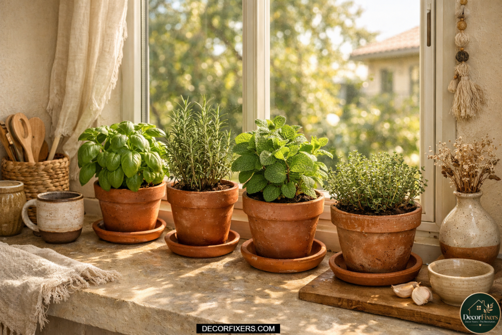 Fresh herbs in terracotta pots lined along a sunny kitchen windowsill