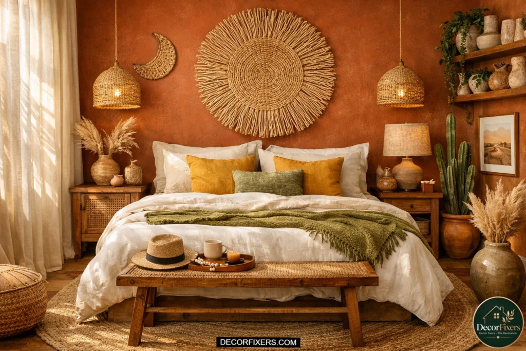 Modern boho bedroom with terracotta accent wall, mustard throw pillows, cream bedding, woven textures, and warm desert-inspired earthy color palette.