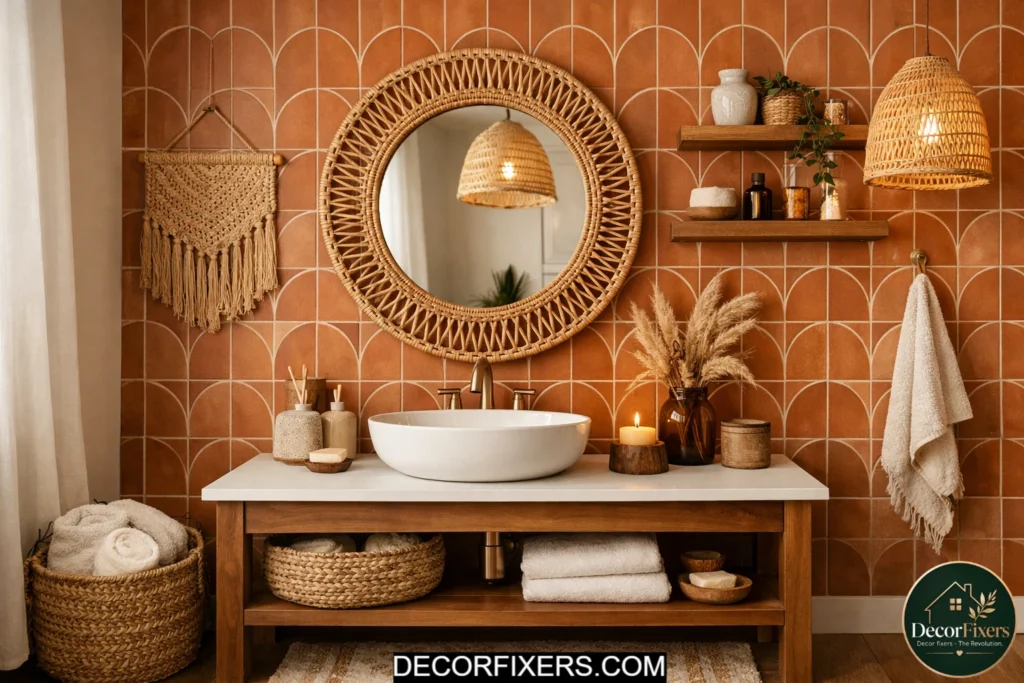 Terracotta peel-and-stick tile wallpaper accent wall in a small boho bathroom with warm textures