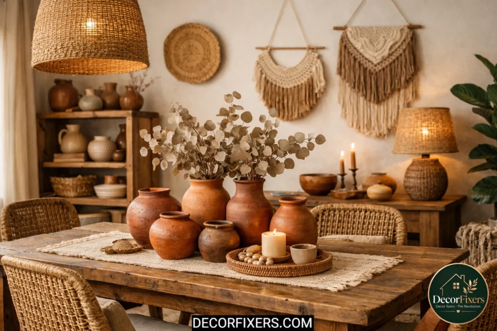 Terracotta pots decorating a cozy boho dining room