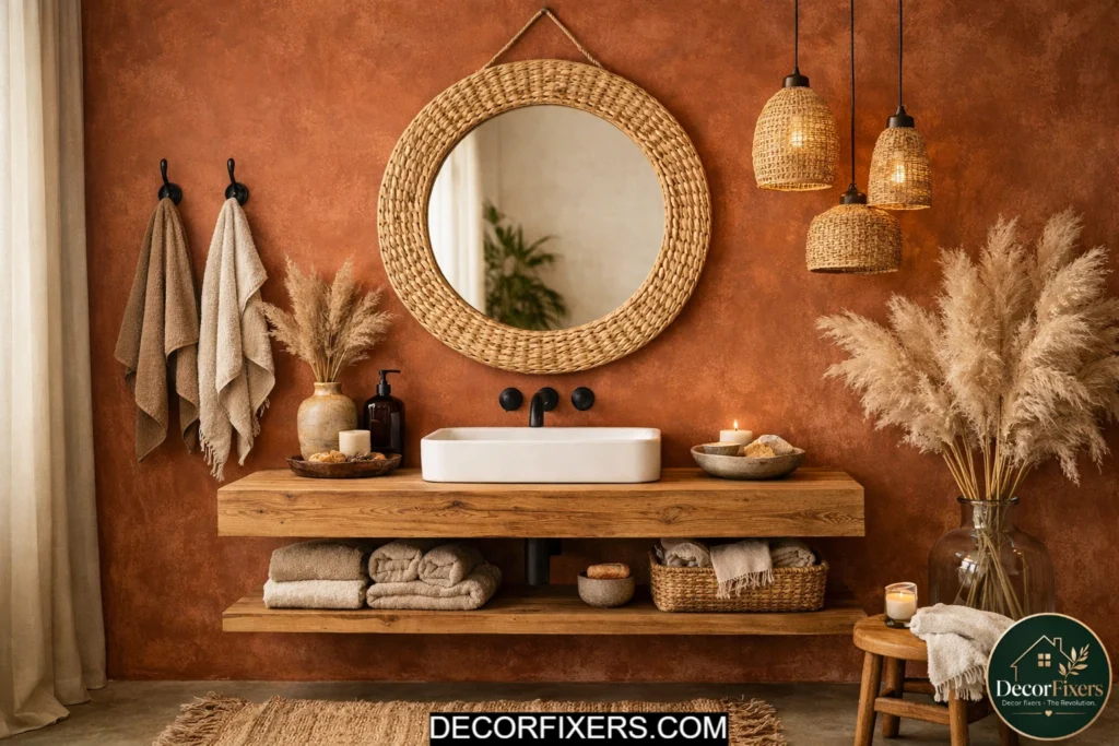 Warm terracotta accent wall behind a boho bathroom vanity with earthy natural decor