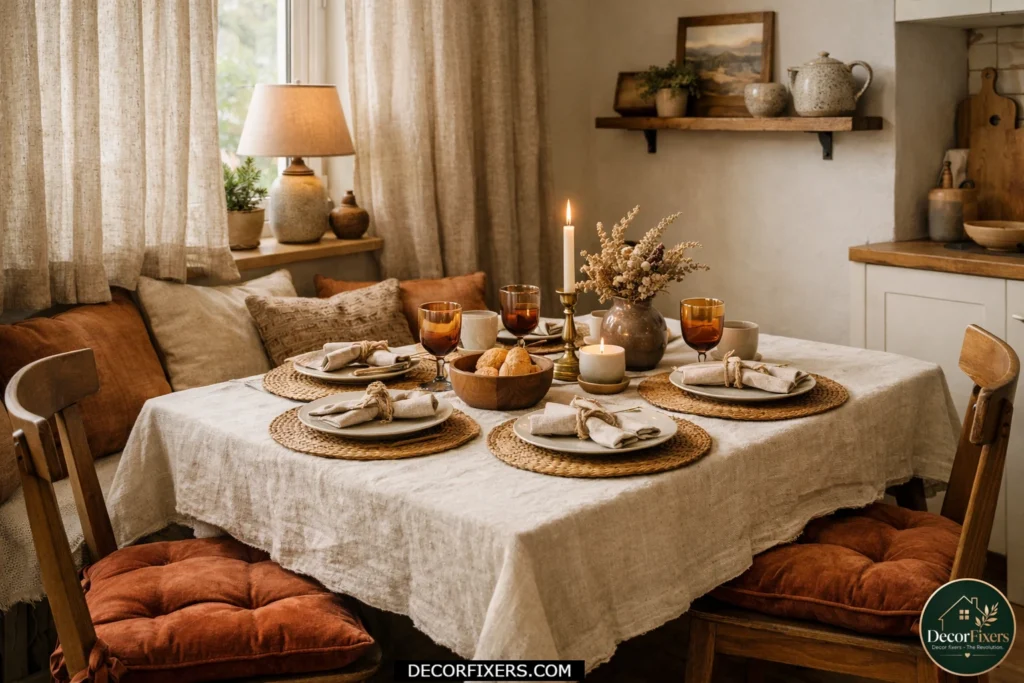 Cozy small dining room layered with linen tablecloth, woven placemats, velvet seat cushions, textured curtains, warm earthy palette, intimate apartment styling, soft natural light, realistic editorial interior photography with luxury textures