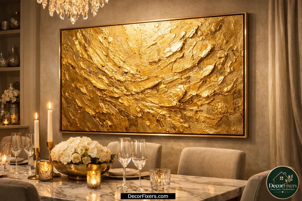 Textured gold impasto abstract canvas reflecting chandelier light in a modern dining room