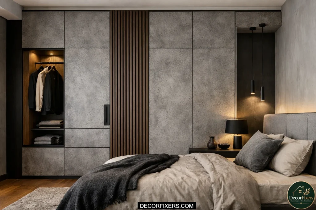 Modern wardrobe with textured laminate finishes and ribbed detailing.