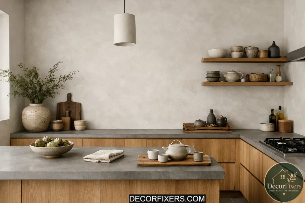 Japandi kitchen with textured plaster accent wall and natural wood cabinetry.