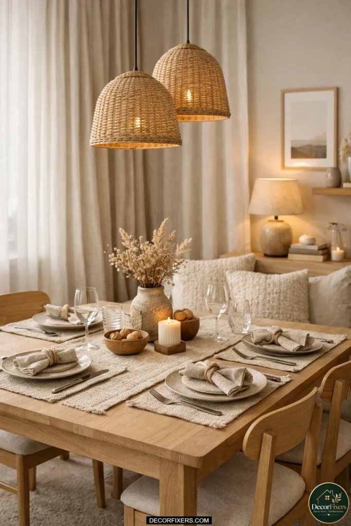 Textured textiles adding warmth to compact dining room