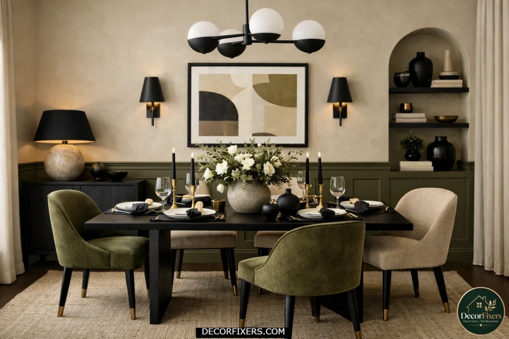 Small dining room designed with a cohesive three-color palette for a polished look.