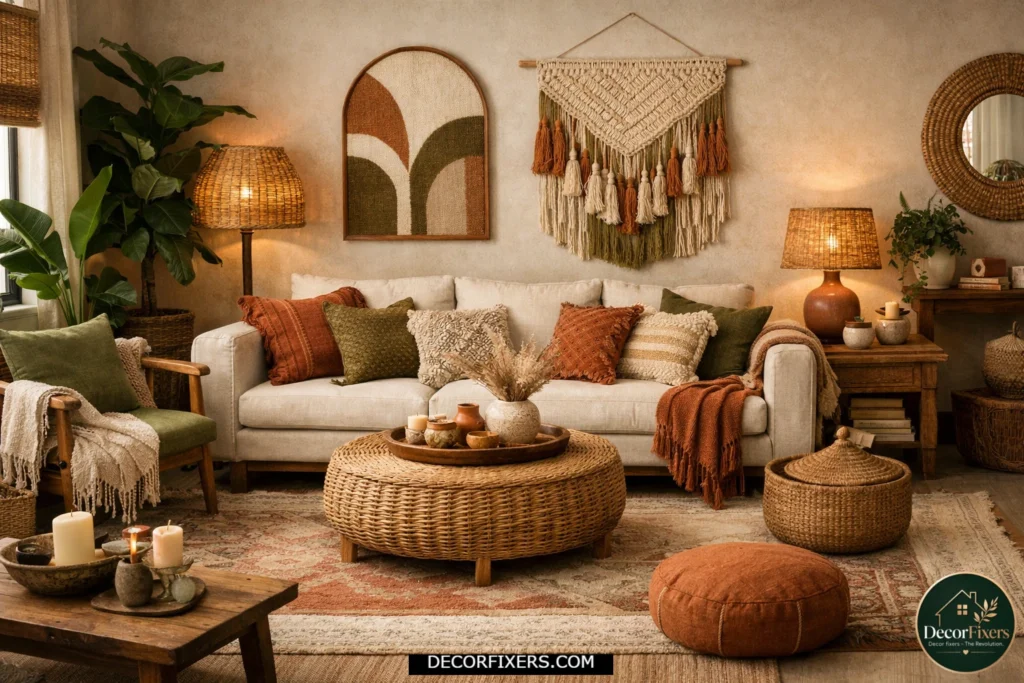 Cohesive boho living room with cream, terracotta, and olive tones