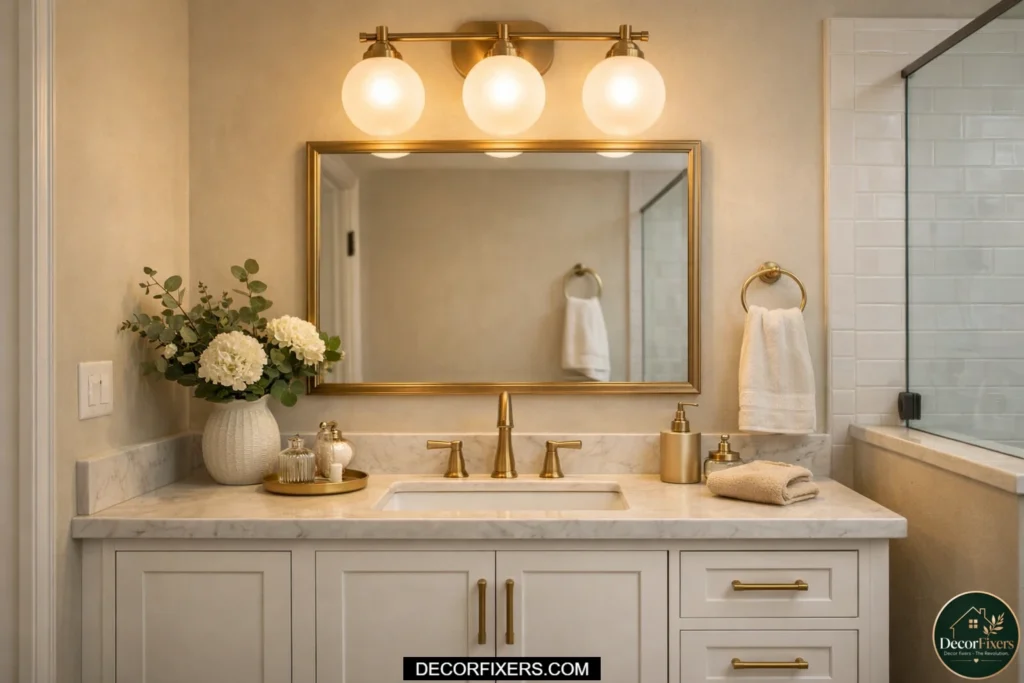 Three-globe vanity light fixture above a stylish transitional bathroom mirror.