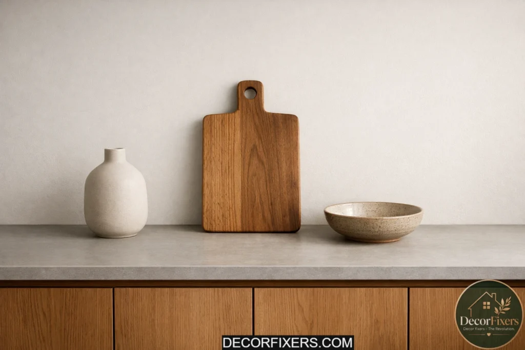 Minimal Japandi kitchen counter with three intentional decorative objects.

