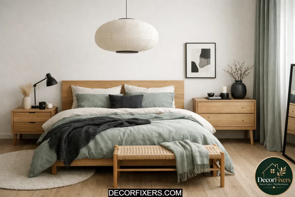 Scandinavian bedroom using warm white, sage, and charcoal tones.