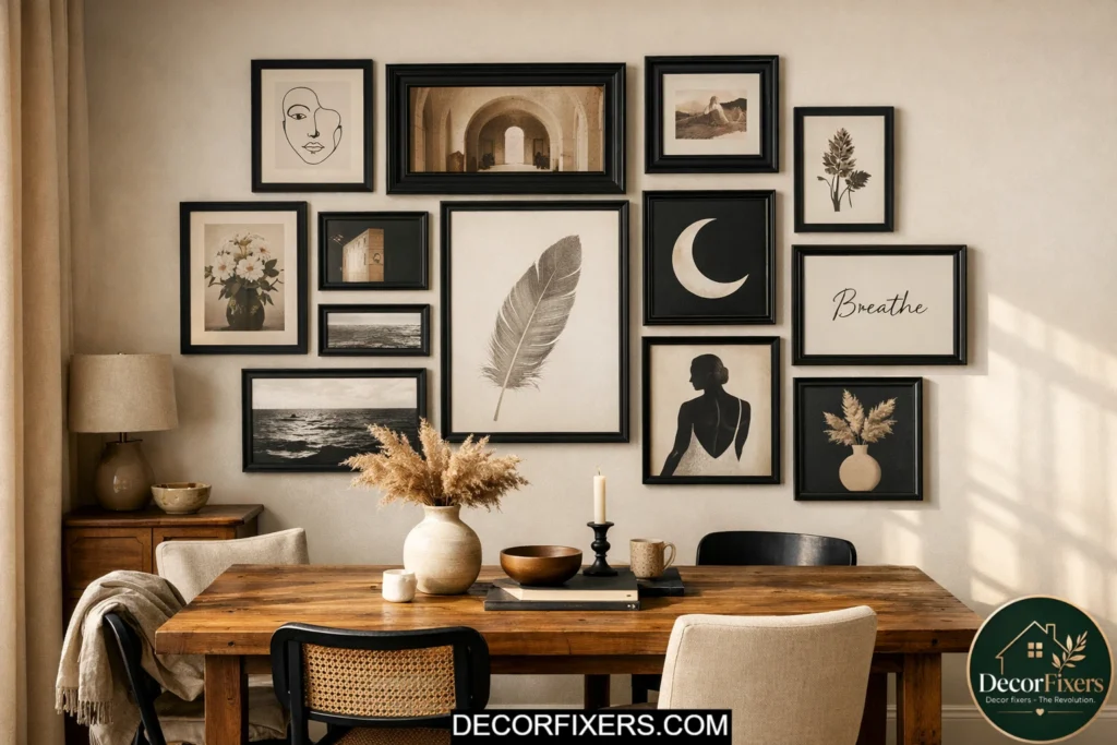 Dining room gallery wall made with thrifted black frames and printable art