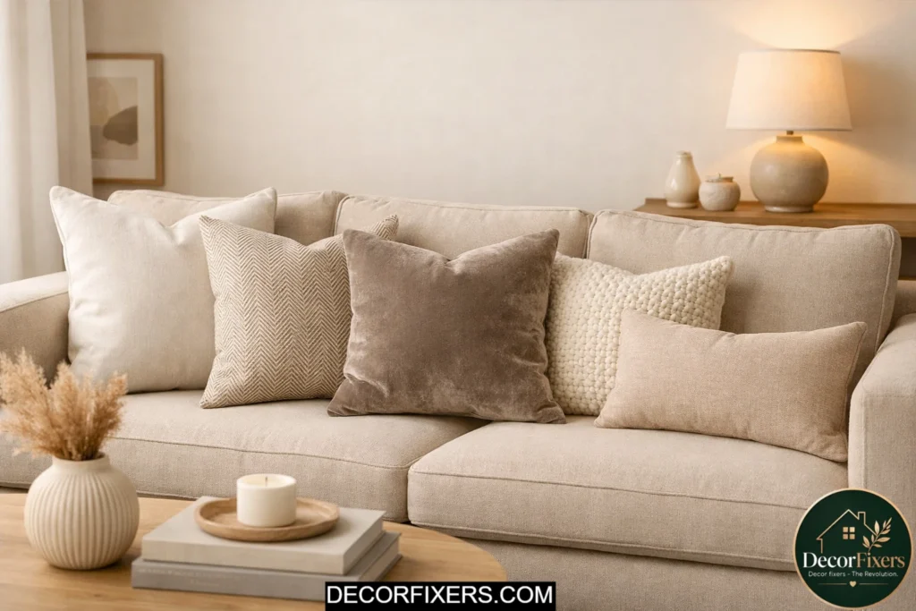 Sofa styled with coordinated throw pillows in layered textures