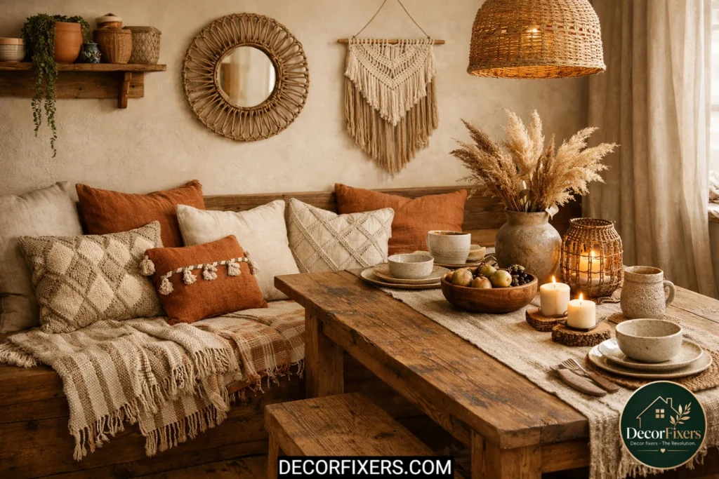 Throw pillows and blanket styled on boho dining bench seating