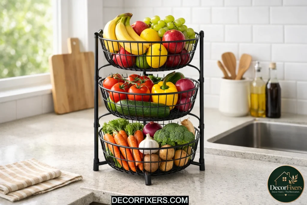 Tiered fruit basket stand organizing produce vertically on a kitchen counter