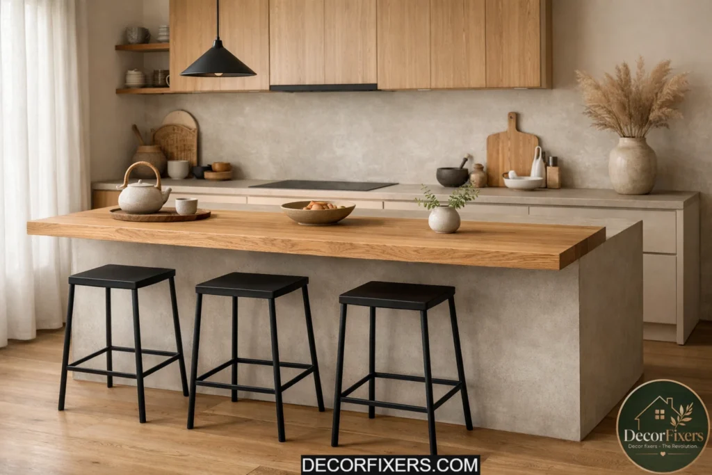 Japandi kitchen featuring a solid oak breakfast bar and minimalist stools.