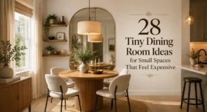 Tiny dining room with round oak dining table, oversized mirror, warm pendant lighting, and elegant space-saving apartment decor.