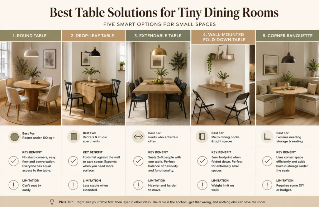 Comparison guide showing the best space-saving dining tables for tiny dining rooms including round, drop-leaf, extendable, wall-mounted, and banquette styles.