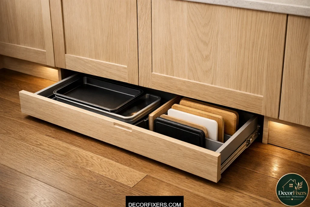 Hidden toe-kick drawer storage under small kitchen base cabinets