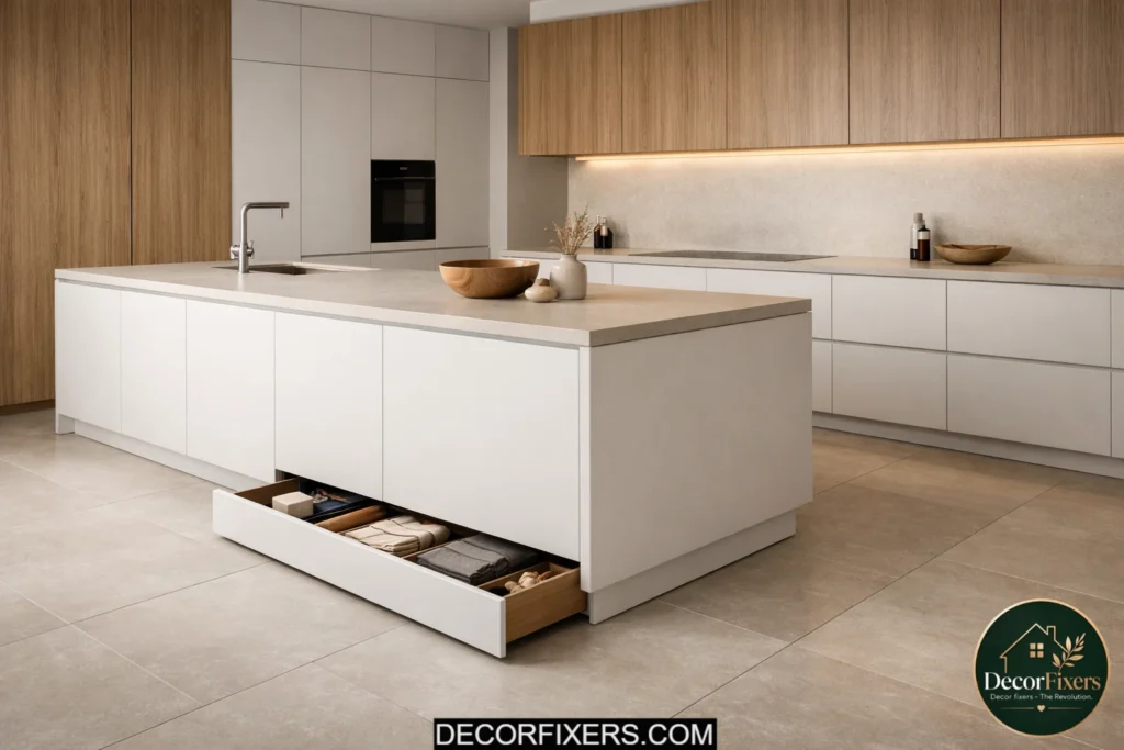 Minimalist kitchen with hidden toe-kick drawer storage under cabinets