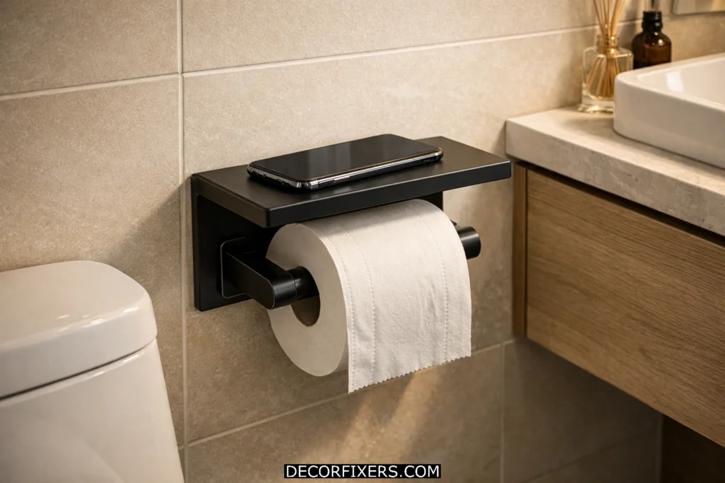 Matte black toilet paper holder with top shelf mounted beside compact toilet in small bathroom