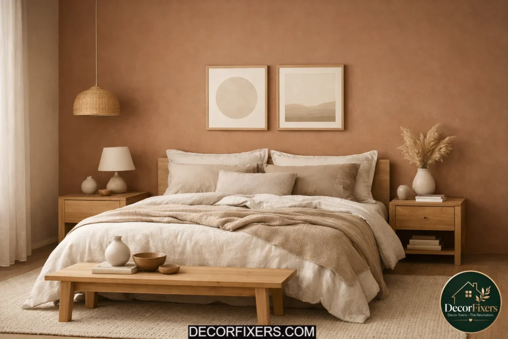 Minimalist bedroom with a soft clay tonal accent wall behind the bed