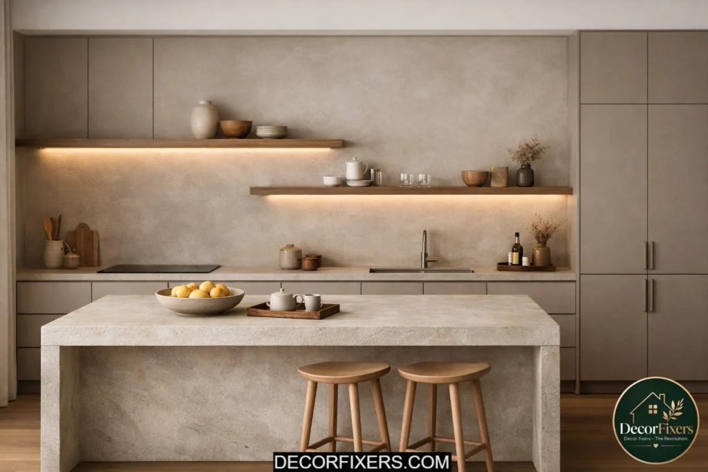 Minimalist kitchen with tonal backsplash and taupe matte cabinets