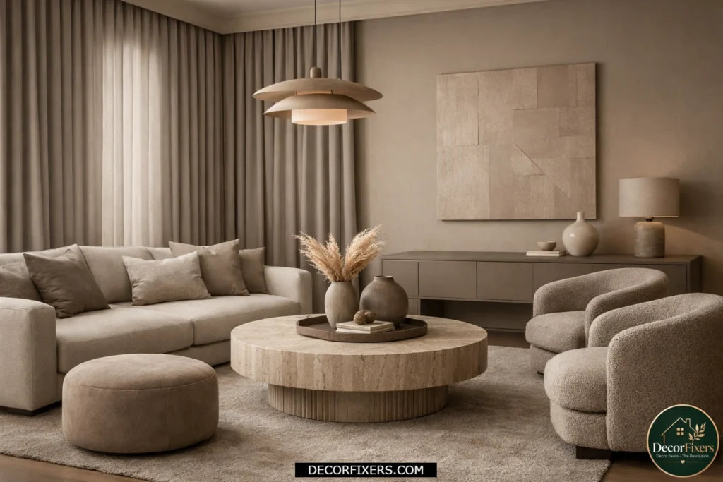 Tone-on-tone curtains blending beautifully with living room walls.