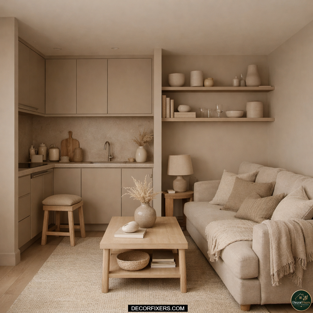 Tone-on-tone paint makes a small open-plan kitchen feel larger