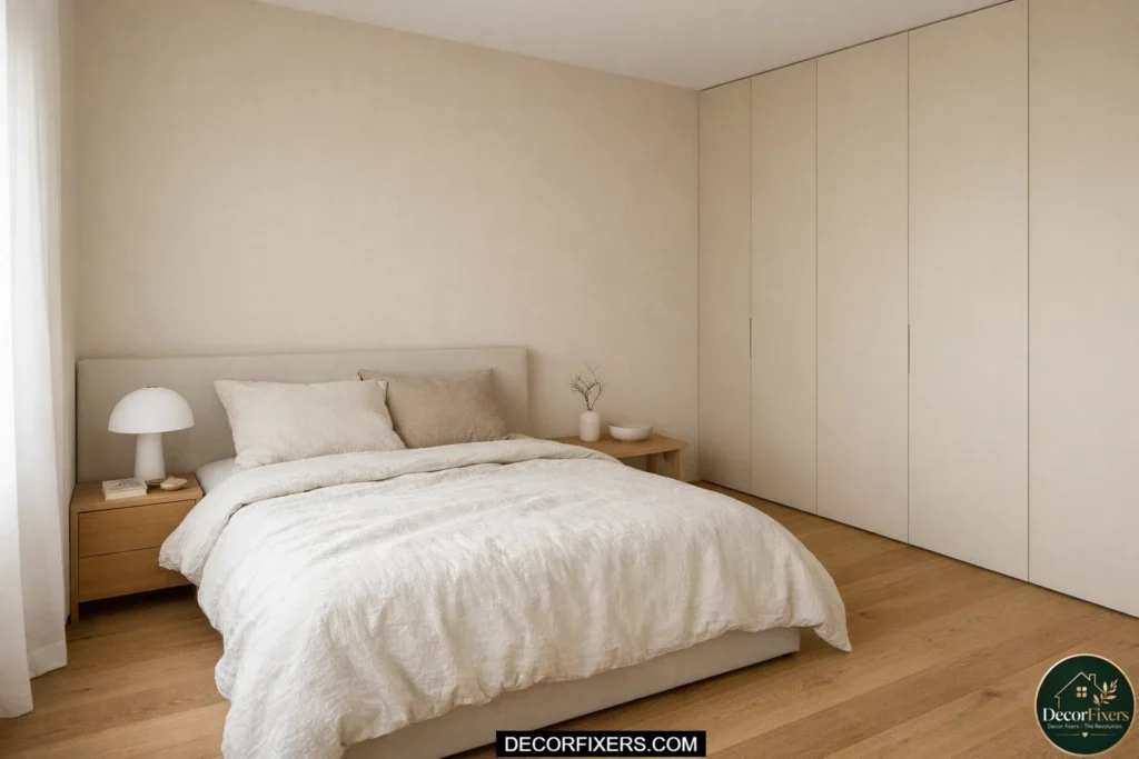 Bedroom with wardrobe painted the same color as the walls for a seamless look.