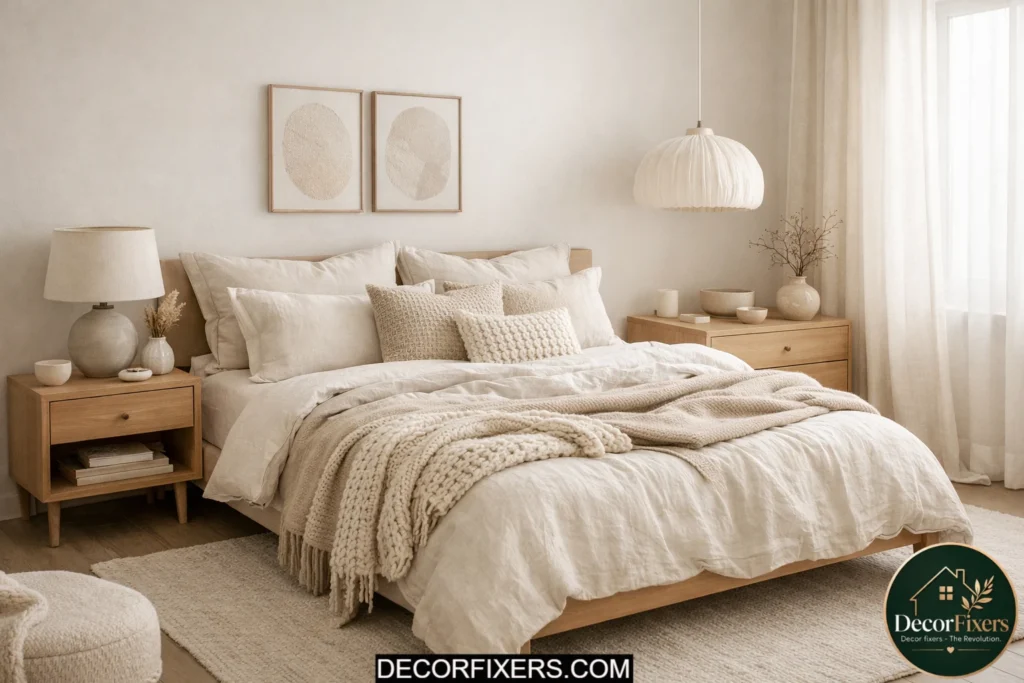 Scandinavian bedroom layered with cream and white textured fabrics.