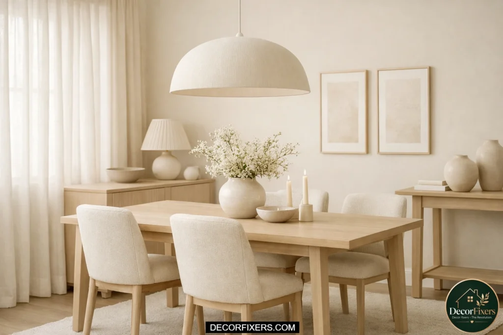 Tone-on-tone neutral styling in small dining room