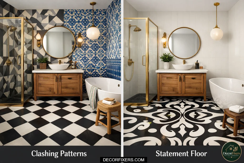 Overuse of multiple tile patterns in bathroom versus single statement pattern design