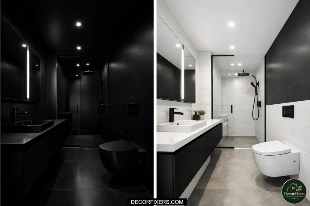 Black and white bathroom without middle tones compared to design with wood vanity adding warmth