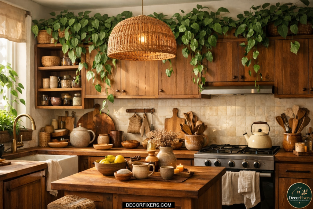 Trailing pothos plants cascading from above kitchen cabinets in a warm earthy kitchen