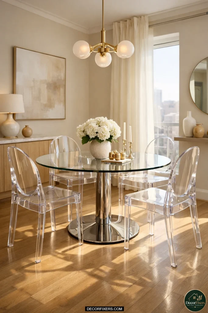 Glass dining table with ghost chairs in small modern apartment