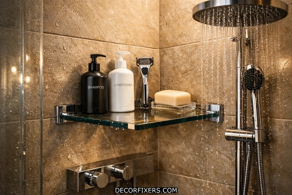 Tempered glass triangle corner shelf holding shampoo and soap inside modern luxury shower