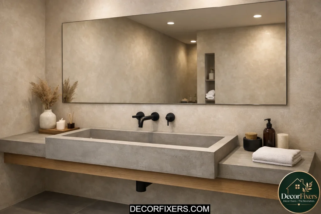 Concrete trough sink in a minimalist bathroom with clean architectural styling