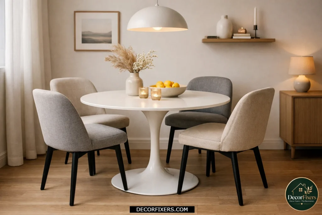 Tulip-base round dining table in a compact apartment dining setup.