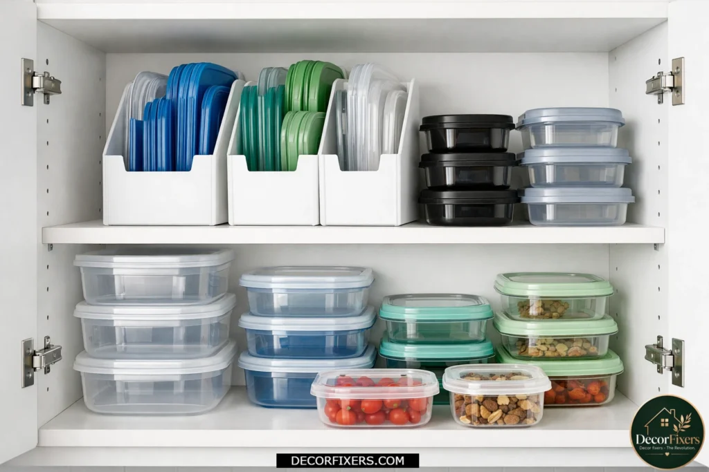 Tupperware containers and lids organized separately inside kitchen storage.