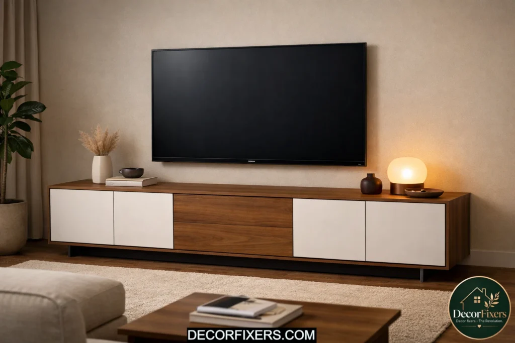 TV console with enclosed storage keeping electronics and cables hidden