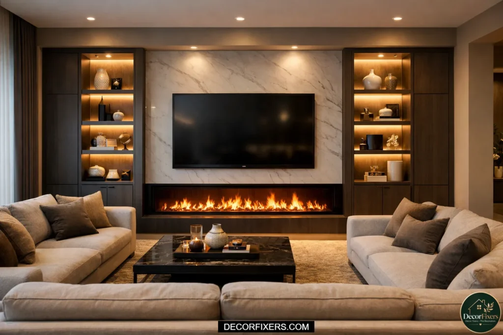A living room TV feature wall with an electric fireplace insert below the mounted television, flanked by symmetrical built-in cabinetry in a painted MDF panel surround