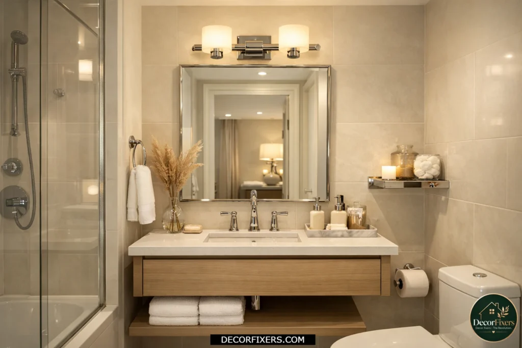 Boutique hotel-style small bathroom with a centered two-light sconce bar above the mirror.