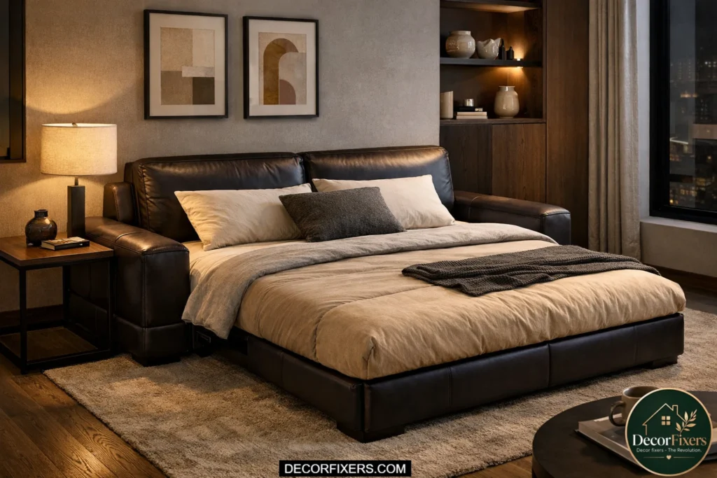 Two-tone leather sofa bed with light seat cushions and dark espresso back panels.