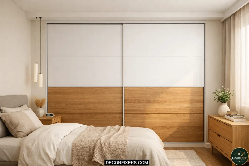 Two-tone sliding wardrobe with matte white and oak panel design.