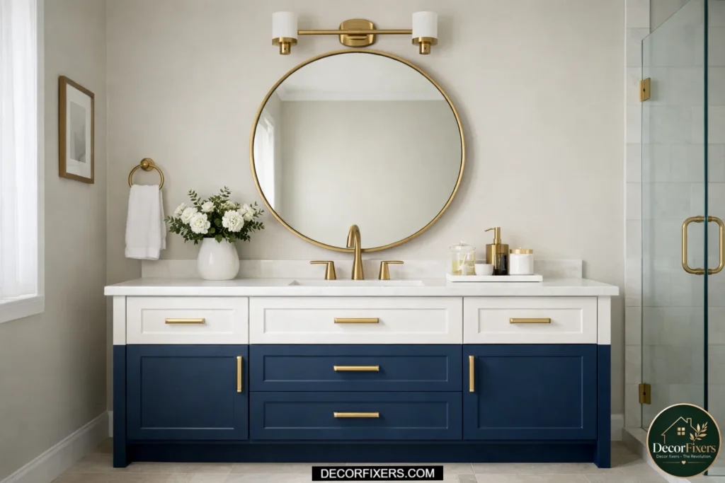 Two-toned vanity adding visual depth to a compact bathroom