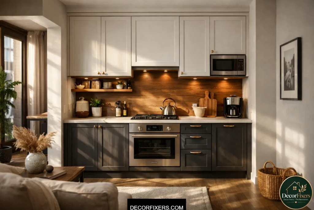 Two-tone kitchen cabinets creating visual separation in a small open-plan kitchen