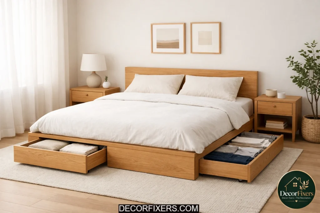 Minimalist bedroom with hidden under-bed storage and warm neutral styling