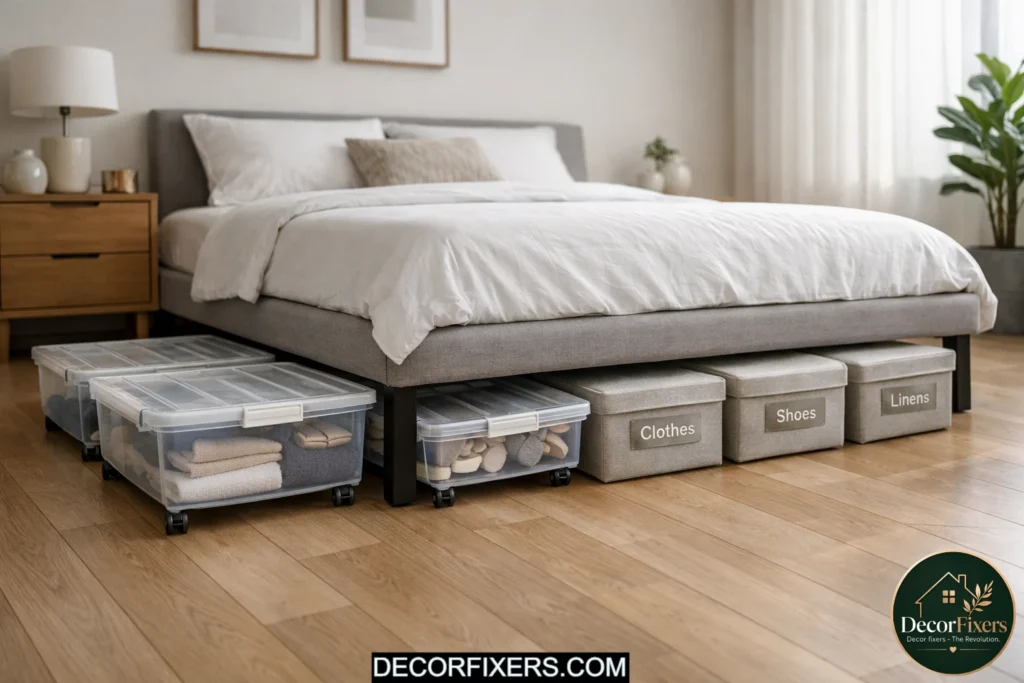 Under-bed storage bins are organized beneath a bed in a small apartment bedroom for hidden storage